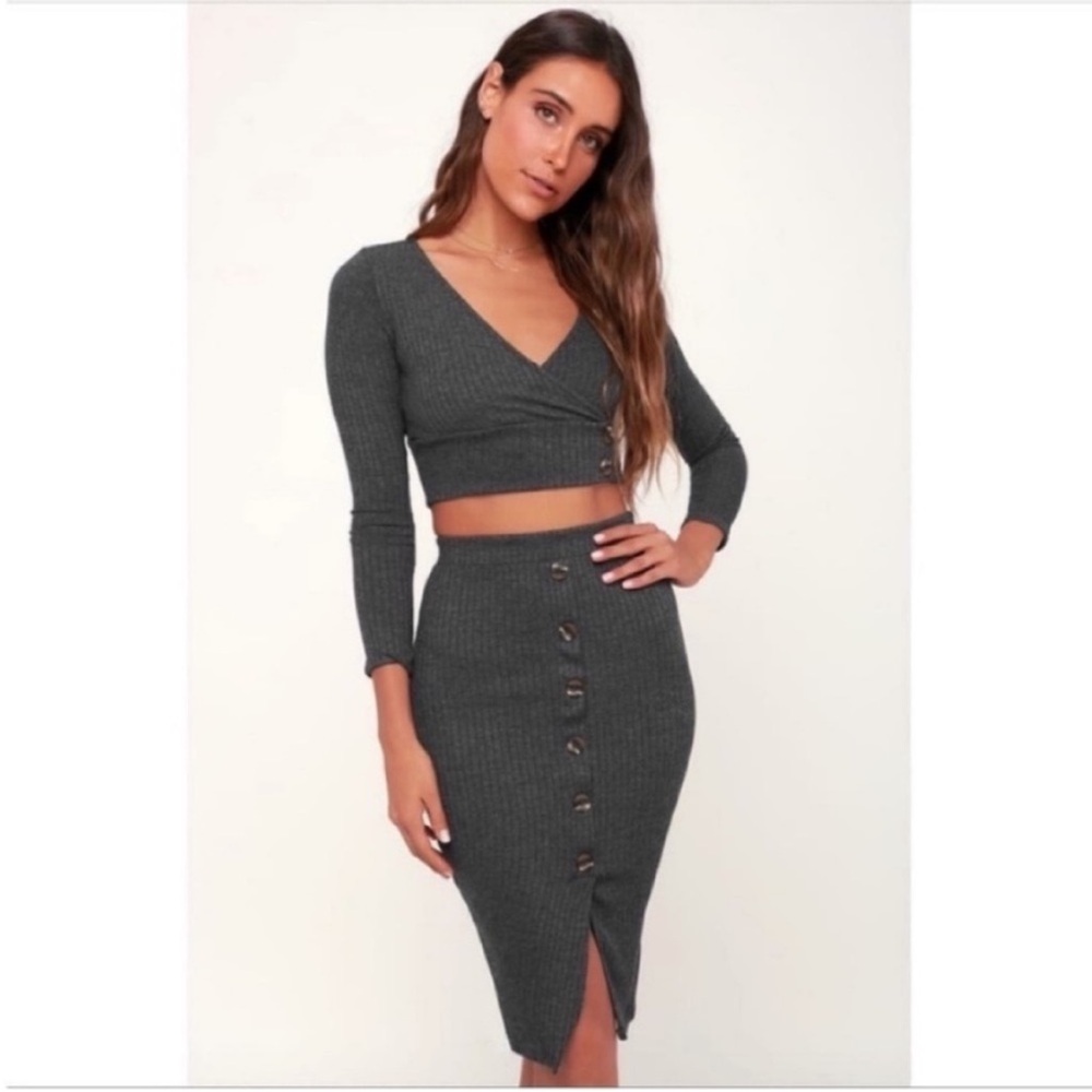 Lulu's Raise Your Voice/Robinson set gray charcoal ribbed cropped buttons